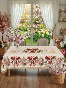 1pc Spring Floral Tablecloth, Vintage Rose Print With Red Bow And Lace Trim Tabletop Cover, Suitable For Spring And Mother's Day Themed Gatherings, Waterproof And Stain-Resistant Polyester Tablecloth For Kitchen And Dining Room, Spring Brunch And Mother's Day Party Supplies - Multicolor - View 6