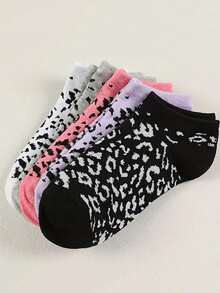 5 Pairs Leopard Print Silicone Non-Slip Invisible Boat Socks, Low Cut Cotton Ankle Socks, Summer Women Socks, Ins Style - Multicolor - View 1