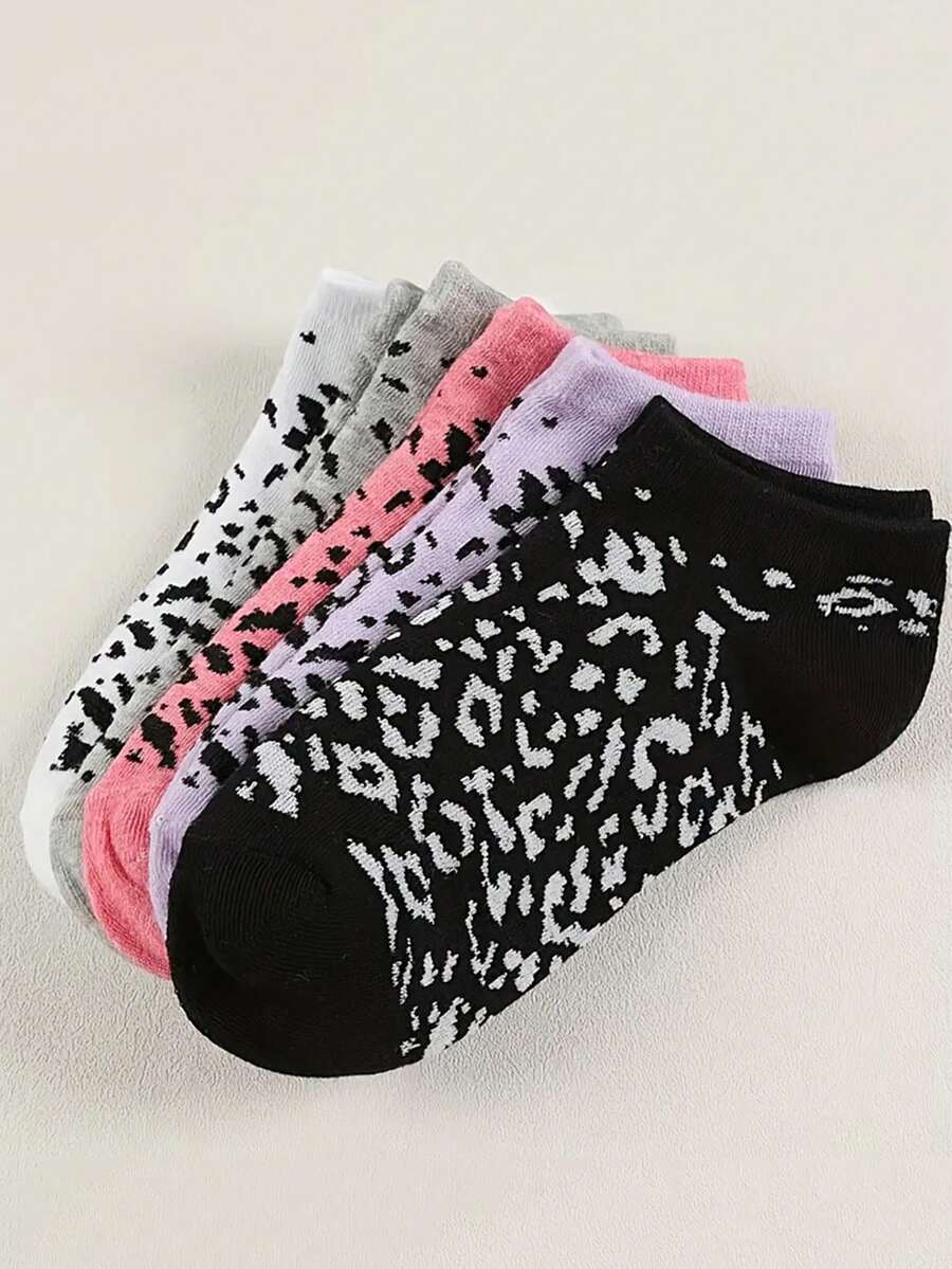 5 Pairs Leopard Print Silicone Non-Slip Invisible Boat Socks, Low Cut Cotton Ankle Socks, Summer Women Socks, Ins Style - Multicolor - View 1