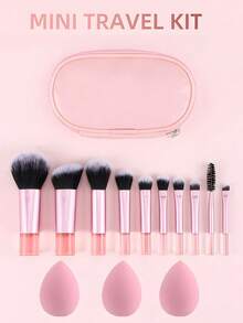 Bộ 10 cọ trang điểm mini màu hồng + 3 bông mút trang điểm (bao gồm cọ nền, cọ phấn phủ, cọ tạo khối, cọ má hồng, cọ phấn mắt, cọ highlight, cọ kẻ lông mày), dụng cụ trang điểm du lịch tiện lợi, bộ cọ trang điểm - Hồng - Xem 1