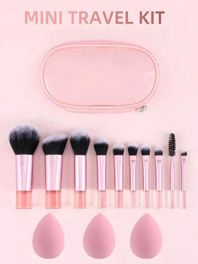 10支迷你粉色化妆刷套装 + 3个化妆海绵（包含粉底刷、散粉刷、修容刷、腮红刷、眼影刷、高光刷、眉刷），方便旅行化妆工具套装