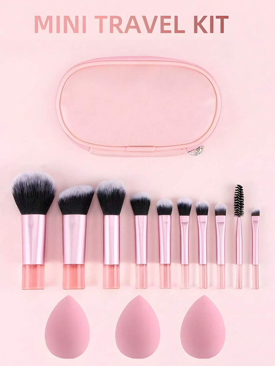 Bộ 10 cọ trang điểm mini màu hồng + 3 bông mút trang điểm (bao gồm cọ nền, cọ phấn phủ, cọ tạo khối, cọ má hồng, cọ phấn mắt, cọ highlight, cọ kẻ lông mày), dụng cụ trang điểm du lịch tiện lợi, bộ cọ trang điểm - Hồng - Xem 1