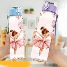 1pc/5pcs 750ml Multi-Color Water Bottle/Cup With Straw. Designed With Butterfly, Cherry Blossom And Ballerina Girl Patterns. Plastic Sports Water Bottle With Flip Cap And Slim Portable Design. Fashionable And Practical. - Pink - View 8