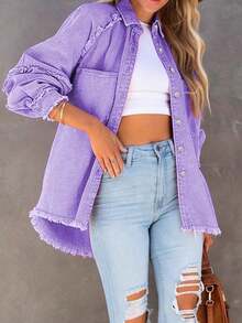 Plus Size Women's Loose Fit Pink Jacket With Raglan Sleeves And Tassel Trim, Suitable For Spring And Autumn Casual - Purple - View 8