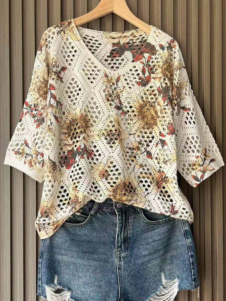 女士时尚针织毛衣，春夏上衣 - 棕色 - 查看 1