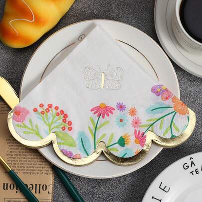 20PCS Elegant Floral & Butterfly Golden-Embossed Lace Napkins Reusable Square Table Mates With Ruffled Edges For Birthday Parties, Thanksgiving, Easter/Party Decorations