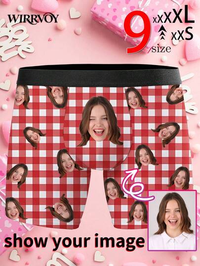 1pc Customized Boxer Briefs For Men, Personalized Photo Print Underwear With Red Checkered Design, Husband's Exclusive Customized Boxer Briefs, Funny Expression Customized Boxer Briefs, Classic, Fun, Comfortable, Unique, Ideal Valentine's Day, Anniversary, Birthday, Wedding Gift For Boyfriend, Husband, Him, Perfect For Fitness Guys (9 Sizes Available: XXS-XXXL)