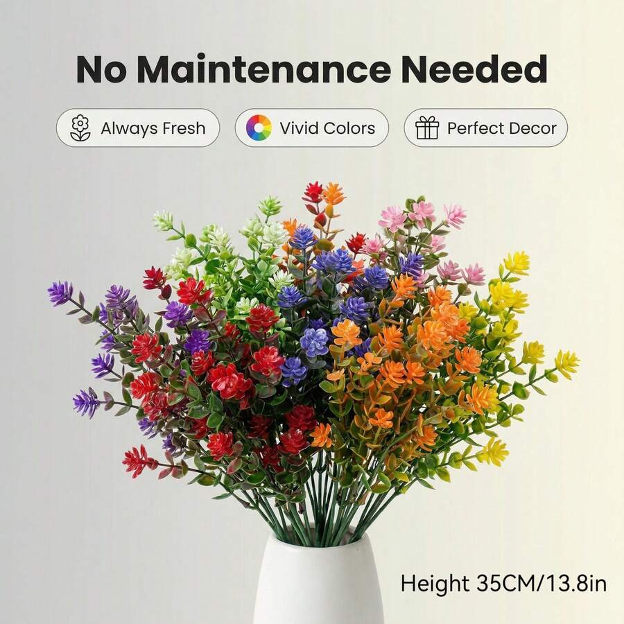 16pcs 13.8 Inch 8 Colors Artificial Flowers, Fake Boxwood Plants, Plastic Outdoor Simulation Plants For Indoor Outdoor Decor, Vase Centerpiece, Bookshelf, Bedroom, Wedding Party, Garden, Mother's Day Gift - Multicolor - View 1