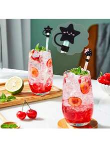 Compatible With Stanley Cup Accessories 9Pcs Black Cue Straw Cover Cap For Cup 40 30oz Tumbler, 10mm Reusable Cute Drinking Straw Topper Accessories, Portable Protector Plugs Decorations Gifts For Party Cute Cartoon Straw Dust Cover, - 黑色 - 查看 6