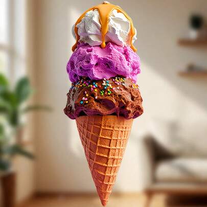 Niềm vui mùa hè tuyệt đỉnh: Nam châm tủ lạnh hình ốc quế kem ba vị, với vỏ ốc quế giòn và kem mềm, trang trí bằng kẹo rắc và lớp vàng chảy, mang đến nét sang trọng cho căn bếp của bạn.