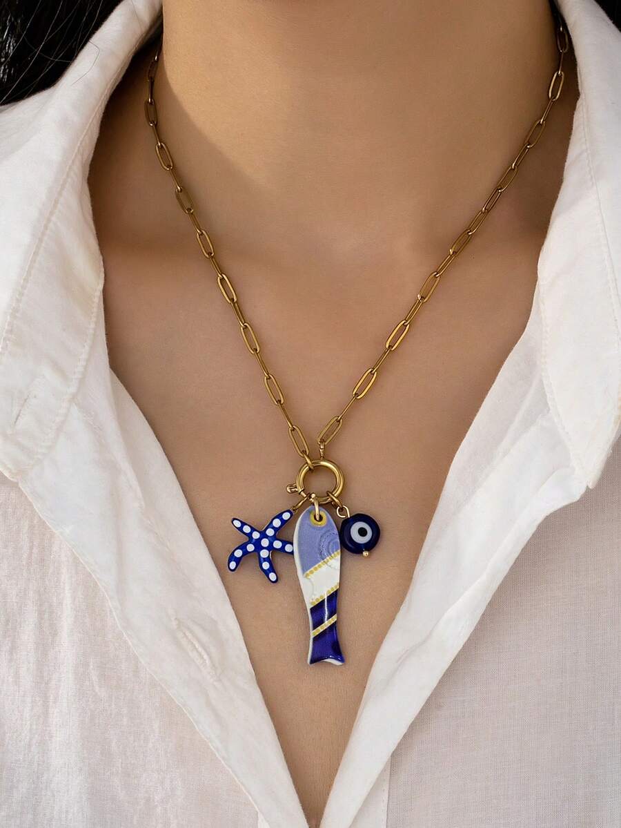 1pc Stainless Steel Chain Lobster Clasp & Starfish Pendant Necklace, Women's Summer Vacation Bohemian Style DIY Charming Necklace - Multicolor - View 1