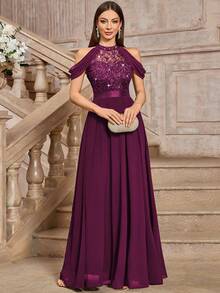 MIUSOL Elegante abito da sera con spalle scoperte, decorato con fiori in pizzo e paillettes, vestito da cerimonia adatto per invitati a matrimoni, cerimonie di laurea, cene formali estive - colore granata - Visualizzare 6