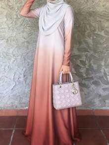 女士渐变色优雅长袍，宽松舒适长裙，穆斯林女士长袖连衣裙，粉色 - 粉色 - 查看 2