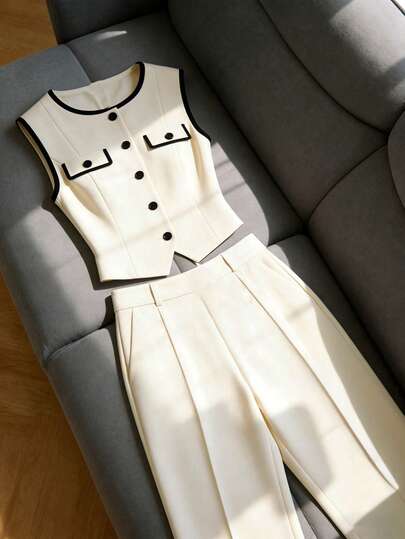 Plus Size Women Spring/Summer Daily Commute Casual Trim Fitted Vest And Wide Leg Seam Front Pants 2 Pieces Set