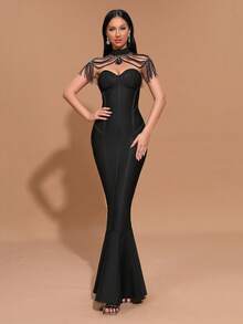 Sexy Strapless Mermaid Style Long Evening Gown, With Pearl Decor Fringed Cape Design, Bodycon Fit, Suitable For Parties, Balls, Banquets - Black - View 5