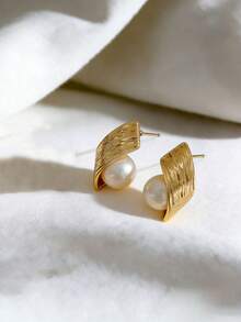 1 par de pendientes de perla envueltos, diseño minimalista único y de moda, accesorios elegantes y versátiles para mujeres - Dorado - Ver 2