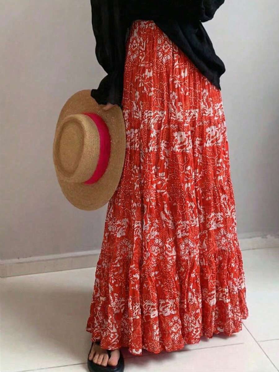 EARO 女士休闲红色印花长裙，无弹力面料，独特图案，松紧腰带，适合度假夏季穿着 - 橘紅色 - 查看 1