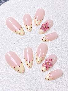 10pcs Handmade Short Almond-Shaped False Nails, French Tip Design, Nude Pink Base, Cream Yellow Nails, Red Polka Dots, White Polka Dot French Tips, Black Bow Decor, 3D Ladybug Accent, Pink 5-Petal Flowers, Cute Style, Hand-Painted 3D 5-Petal Flowers, Accented With Red Beads, Includes Manicure Tools, Easy To Apply And Remove, Premium Almond-Shaped Ladies/Girls False Nails - Baby Pink - View 6