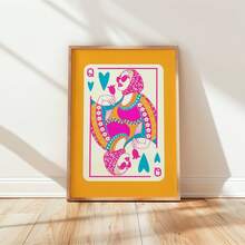 1pc Frameless Queen Of Hearts Card, Colorful Preppy Y2K Print, Pink & Orange Art Poster, Boho Wall Decor, Girly Dorm Art, Retro Funky Wall Art, Vintage Chic Poster For Living Room - Playing Cards - View 2