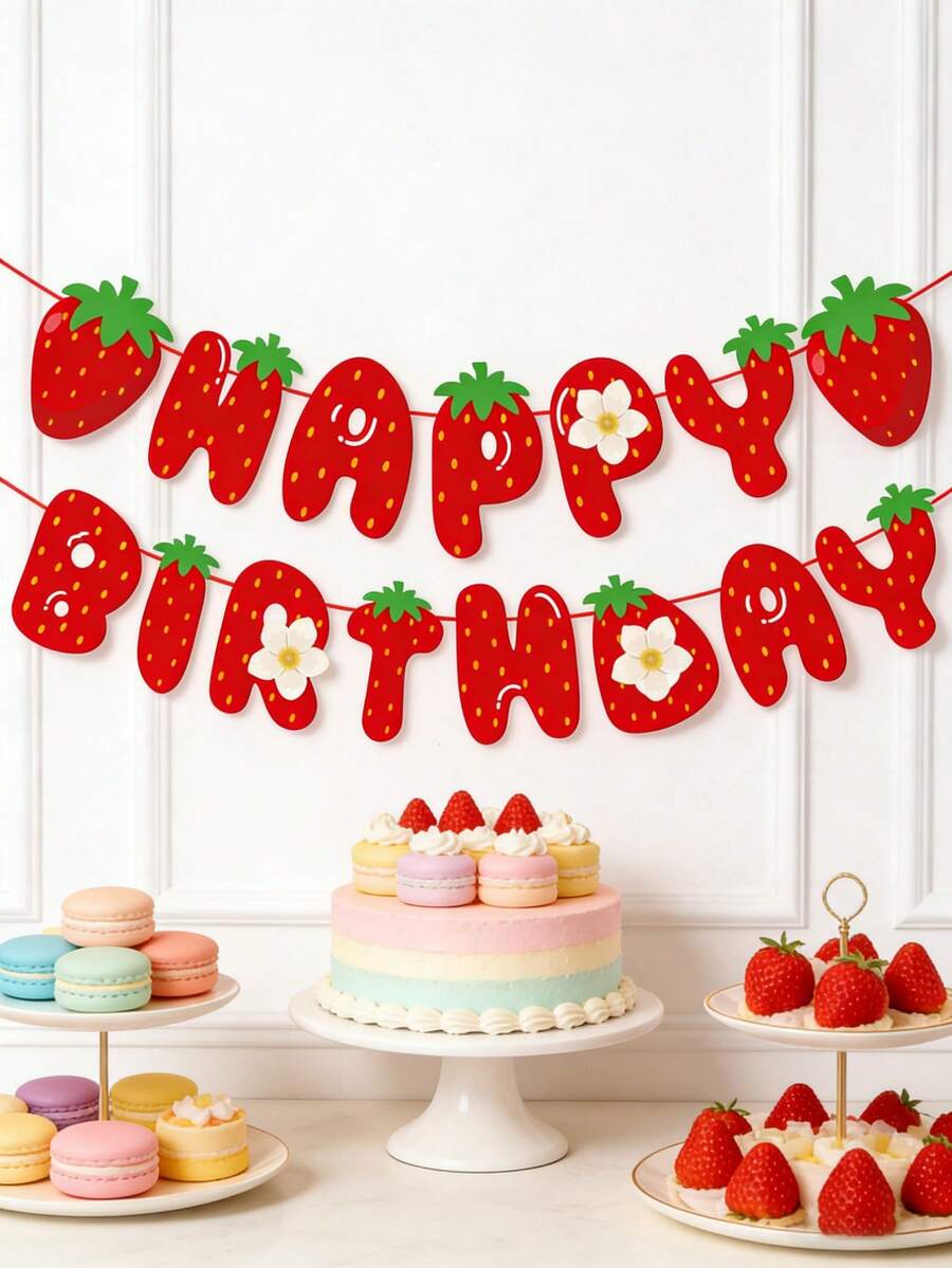 1件装草莓生日快乐纸质横幅装饰 - 生日派对装饰 - 甜美草莓生日派对横幅 - 生日派对用品 - 家居装饰派对背景装饰，房间装饰