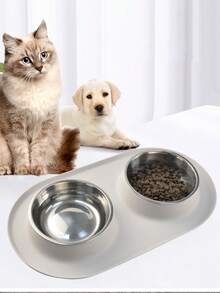 Silicone Pet Bowl, Basic Bowl, Dual-Compartment, Dry & Wet Food Separation - Light Gray Double Bowl (without Stainless Steel Bowl) - View 3