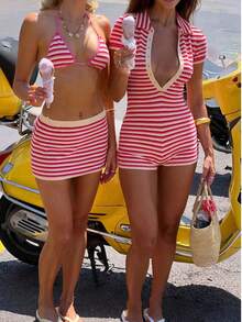 Bộ jumpsuit nữ tay ngắn kẻ sọc, cài cúc nửa thân, kiểu dáng thường ngày, thích hợp cho mùa xuân/hè. - Đỏ và trắng - Xem 8