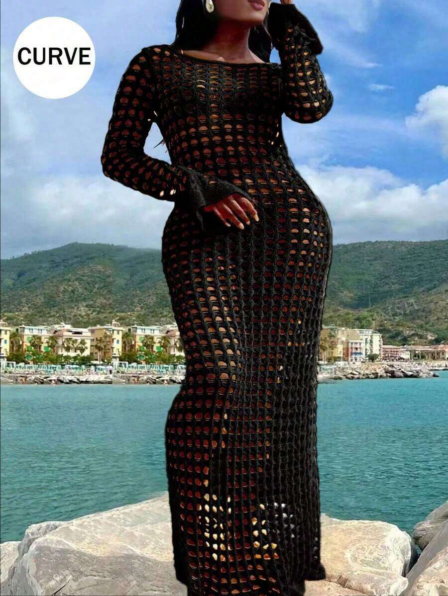 Plus Size Sexy Solid Hollow Out Long Sleeve Maxi Cruise Cover Up Dress Summer - 黑色 - 查看 1