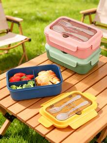 1pc Student Bento Box, Portable Lunch Box With Spoon And Fork, Suitable For School, Work, Picnic Or Takeout, Ideal Gift Choice - Multicolor - View 3