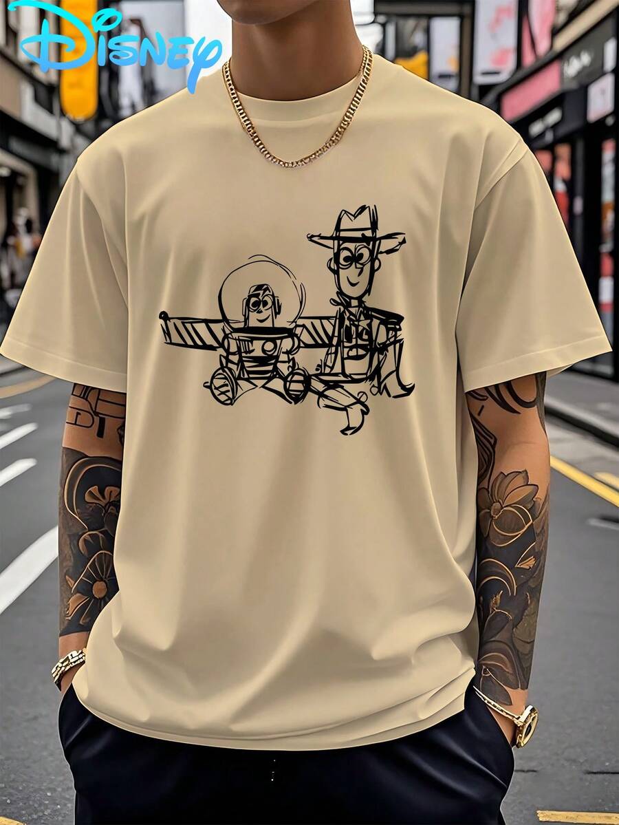 Disney Men's T-Shirts, Toy Story Print Series, Crew Neck Casual And Comfortable T-Shirts, Breathable And Lightweight, Suitable For Sports And Casual Wear, Loose Fit, Suitable For Gifts, Outings And Parties. - Apricot - View 1