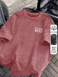 Van Gogh Starry Night Art Design Letter Print Retro Washed Women's T-Shirt, Casual Loose Fit, Summer And Autumn Top - Pink - View 6