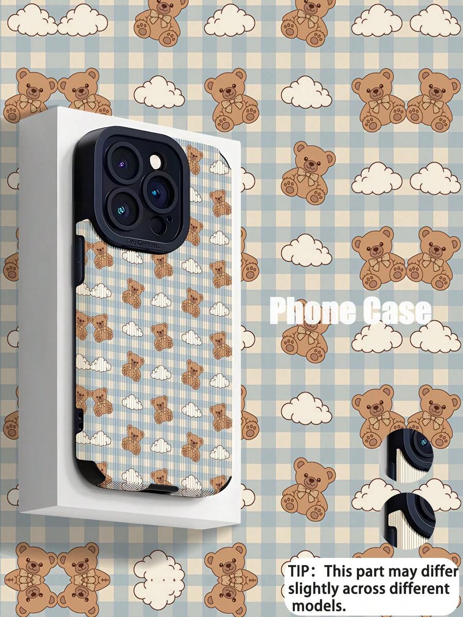 1个简约个性蓝色格子熊印花竖条纹仿皮软壳手机壳，适合作为礼物送给朋友和爱人，兼容苹果 17/17AIR/17PRO/17PROMAX - 彩色 - 查看 1