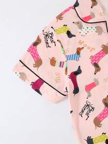 3pcs Sets Breathable Short Sleeve, Women Pajama Sets, Shorts & Long Pants, Lapel Button Short Sleeve. Suitable For All Seasons, Comfortable Loose Fit, Cartoon Sausage Dog Animal Pattern - Multicolor - View 4