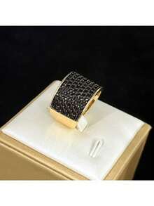 Vintage Luxury Wide Band Women's Ring. This Elegant Black Ring Is Inlaid With Synthetic Zirconia, Making It A Perfect Choice For Festivals, Parties, And Gift-Giving. - Golden - View 2
