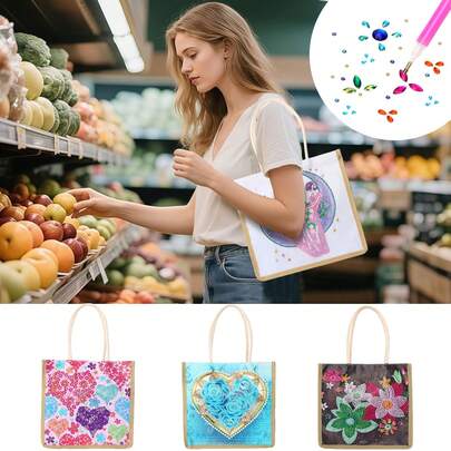 1个钻石画手提袋，卡通人物和花卉图案，无纺布材质，镶嵌圆形水晶水钻装饰，适合购物、商场、旅行。