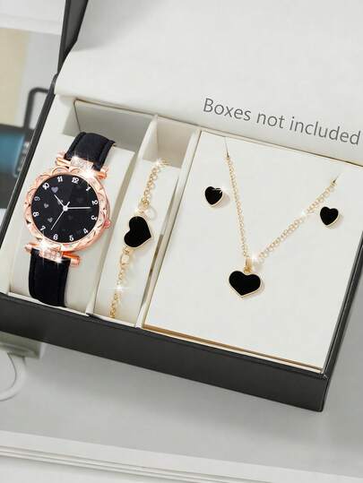 Women's Watch, Women's Watch Set Glamorous, Fashionable Round Case With Rhinestone Embellishment Pu Strap Pair With Heart-Shaped Necklace, Earrings, And Bracelet Jewelry Set Perfect For Everyday Wear Ideal Gift For Birthdays, Back-To-School Season, Thanksgiving, And Couples' Occasions
