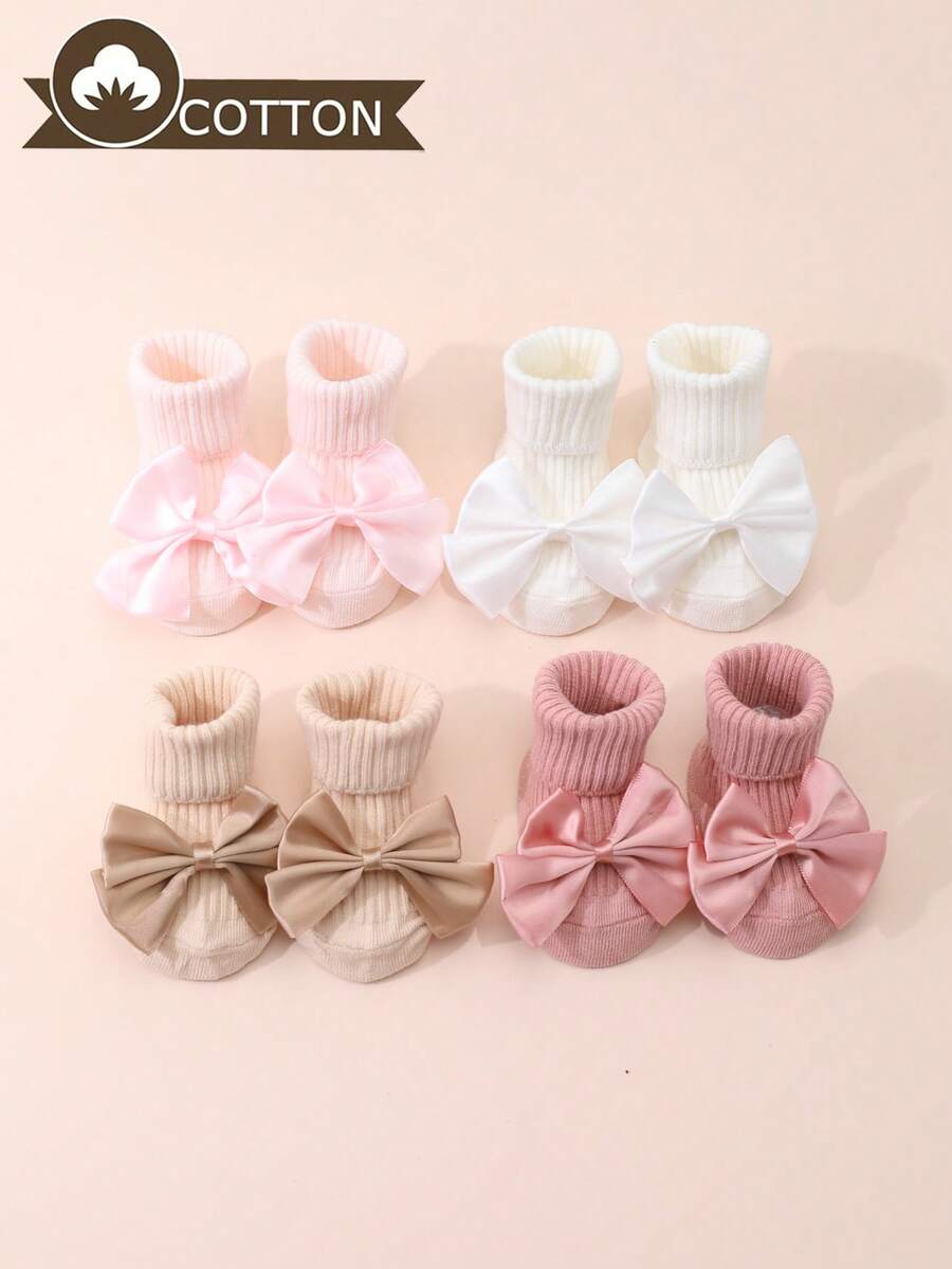 4 Pairs Baby Girls' Cotton Bow Decor Non-Slip Mid-Calf Socks, Suitable For Toddlers Learning To Walk On Indoor Floors, All Season