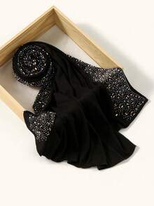 1pc Women's Solid Color Woven Texture Rhinestone Decorated Hijab, Soft & Comfortable Modal Headscarf, Versatile Muslim Long Scarf Suitable For Daily, Commute, Party, Photography - Multicolor - View 18