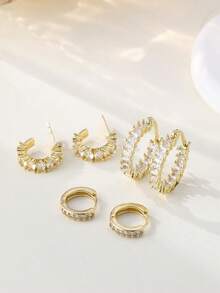 3件套女士闪亮立方氧化锆耳环，优雅小巧圆形耳骨夹式耳环，镀金时尚日常佩戴穿刺饰品配件礼品 - 金色 - 查看 3