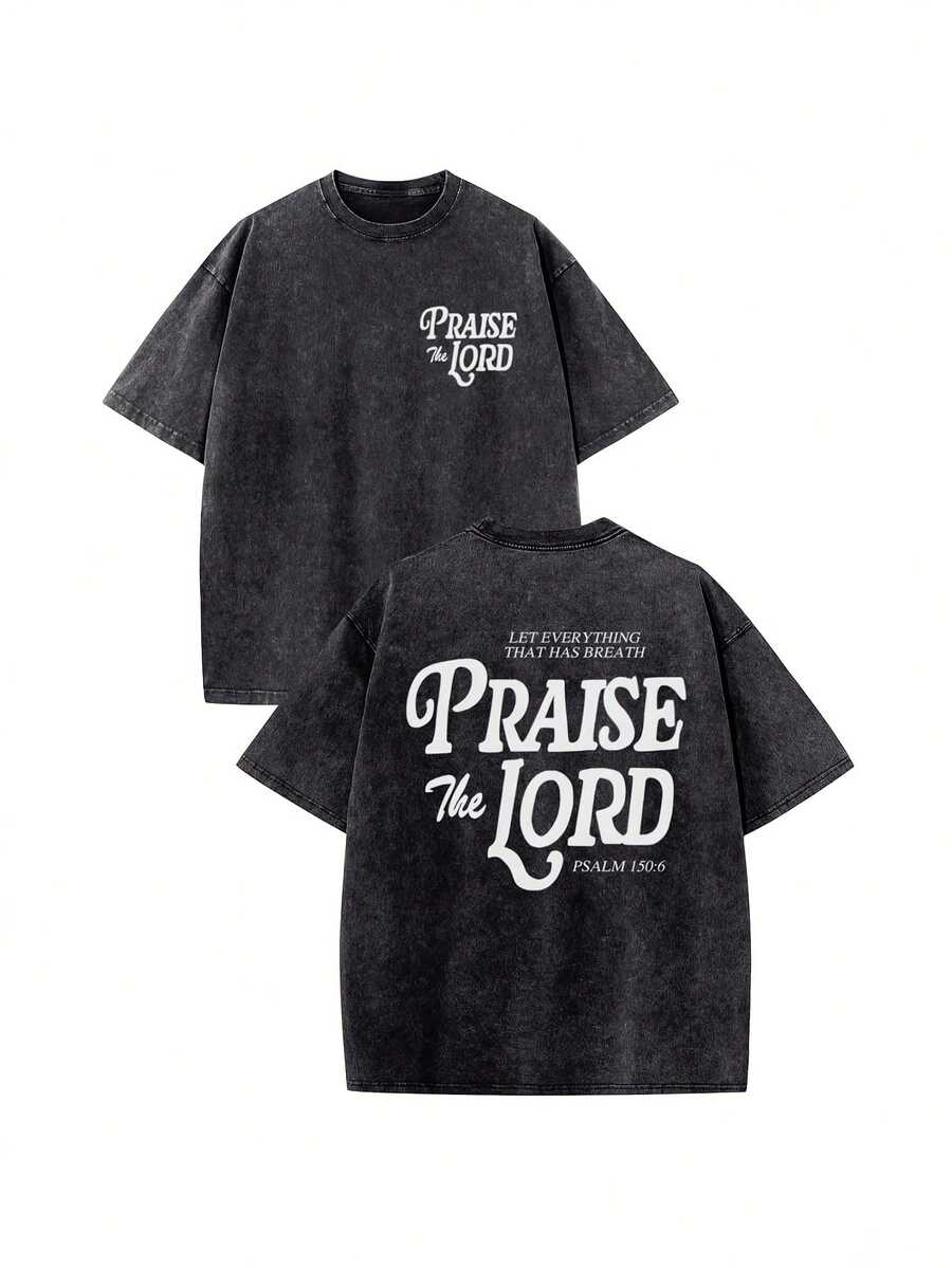EWH PRAISE THE LORD T-Shirts Fashion Retro Men's T-Shirts 230g Heavyweight Cotton Dropped Shoulder Design Unisex Short-Sleeve T-Shirts For All Seasons Casual Occasions Gift For Boyfriend 100% Pure Cotton Streetwear Designed For Young People Ideal Gift Between Friends Men's Clothing Men's T-Shirts 004-AB - 黑色 - 查看 1