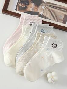 5 Pairs Cute Cat & Polka Dot Pattern Women's Ankle Socks, Non-Slip Breathable, Suitable For Spring/Summer - White - View 5