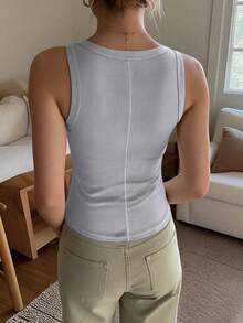 Women's Minimalist Solid Color U-Neck Sleeveless Ribbed Athletic Tank Top - Grey - View 4