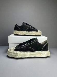 2026 New MMY Retro Distressed Skateboard Shoes, Maison Minara Yasuhiro Leather Casual Sneakers, Lace-Up, Size Run Large - Plus Size Men Shoes - 黑色 - 查看 1