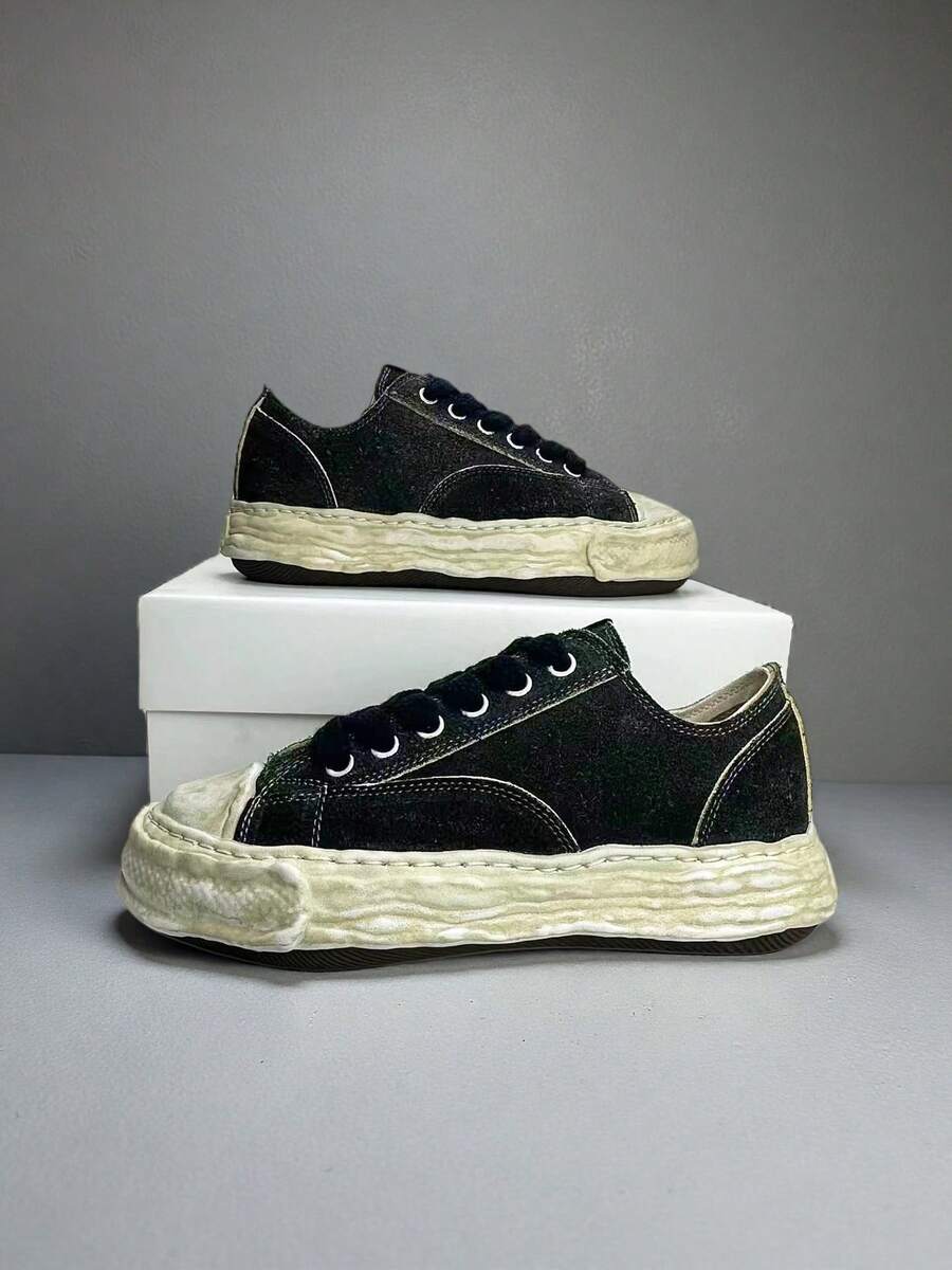 2026 New MMY Retro Distressed Skateboard Shoes, Maison Minara Yasuhiro Leather Casual Sneakers, Lace-Up, Size Run Large - Plus Size Men Shoes - 黑色 - 查看 1