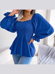 Long-Sleeved Chiffon Blouse With Ruffles And Square Neckline | Casual Style, New Spring/Summer Collection - 藍色 - 查看 3