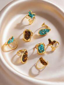 2026 New Year Of The Horse Contrast Color Natural Stone Open Ring, Turquoise & Tiger Eye Dual Tone Boho Style Butterfly Turquoise Ring, Unique Fragmented Stone Combination Ring, Lucky Tiger Eye & Turquoise Jewelry - Gold - View 1