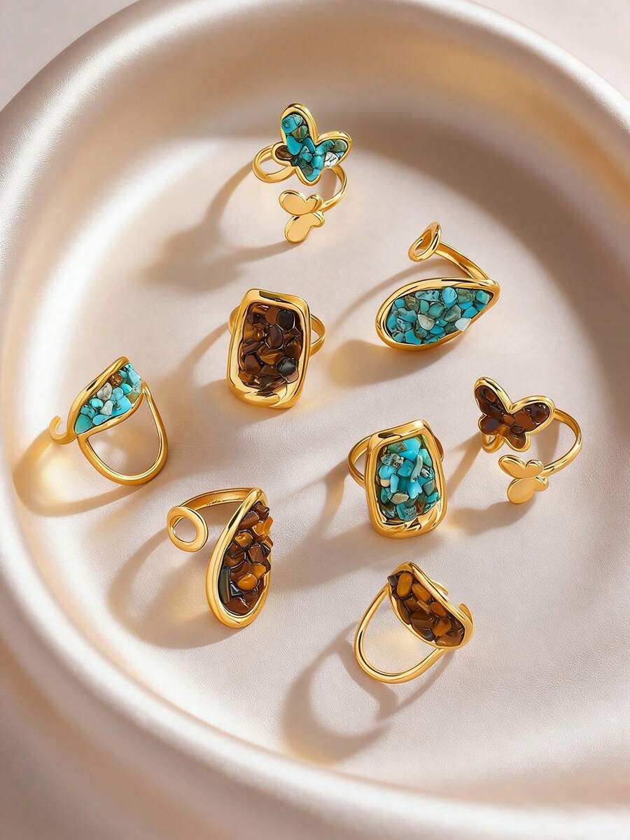 2026 New Year Of The Horse Contrast Color Natural Stone Open Ring, Turquoise & Tiger Eye Dual Tone Boho Style Butterfly Turquoise Ring, Unique Fragmented Stone Combination Ring, Lucky Tiger Eye & Turquoise Jewelry - Gold - View 1
