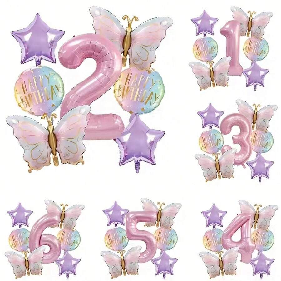 7pcs Happy Birthday Pink Butterfly Balloon Set, 1-6 Number Balloons ...