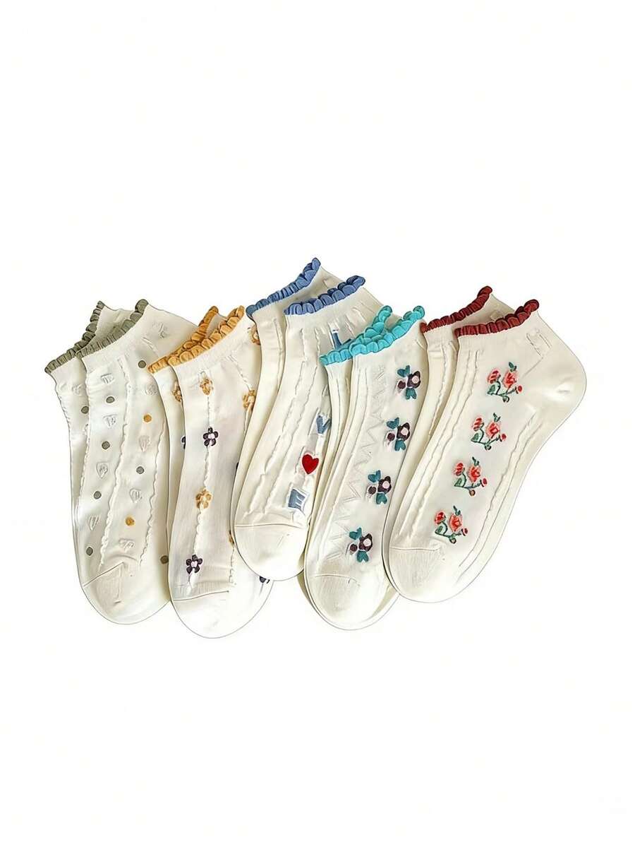 5双装女士短袜，低帮，可爱日系风格，春秋夏季船袜 - 彩色 - 查看 1