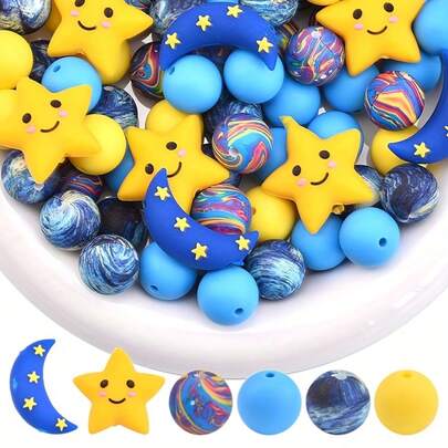 25/28pcs Smiling Star, Moon & Sun Shaped Silicone Beads Combo, Handmade Jewelry Making Supplies, Suitable For DIY Crafts, Pen Decor, Lanyard Accessories, Birthday Party Decorations, Holiday, Birthday, Wedding, Mother's Day, Father's Day, Valentine's Day, Easter Perfect Gifts
