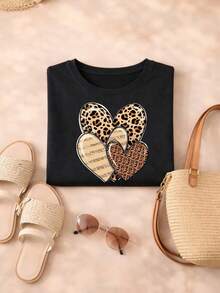 Women's T-Shirt Blouse With Heart Design, 100% Cotton, Animal Print Fashion - Svart - Visa 2